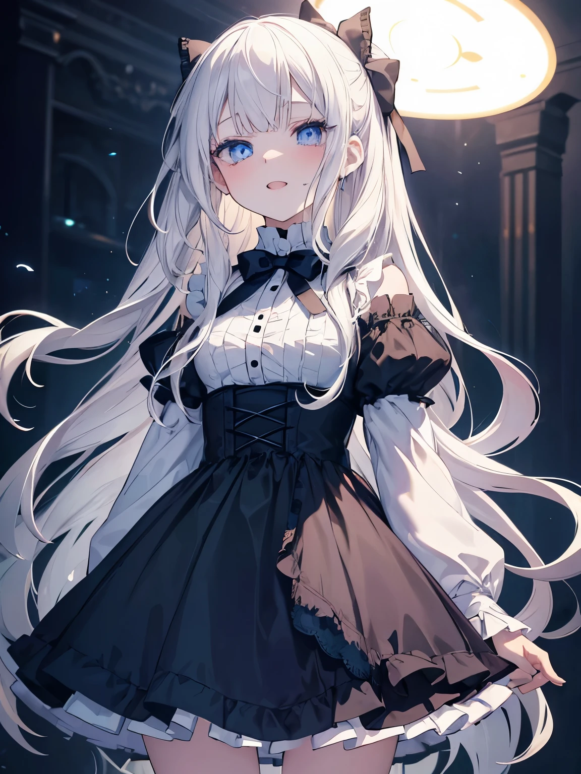 Masutepiece, Highest Quality, (Perfect face:1.1), (high detailing:1.1), (ultradetailed eyes),Dramatic,superfine illustration,Extremely detailed,1girl in,teenager,(pale skin),long white hair,Ethereal eyes,Simple eyes,empty eyes,Blue eyes,blush,Solo,Smile,Happy,Laugh,Enjoy, Open mouth,Pouty lips,Cinematic lighting, Looking at Viewer, Cowboy Shot, looking up,Long sleeve,Gothic lolita, frilld,bow ribbon,knee high socks