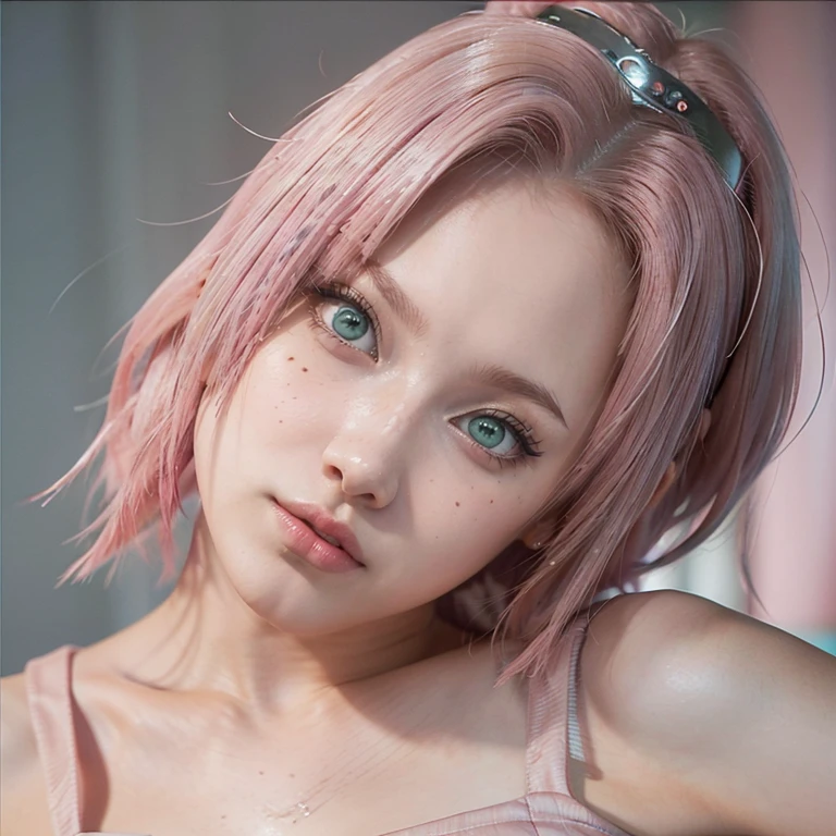 young woman, short shoulder-length pink hair, wide forehead, porcelain skin, pink eyebrows, big emerald green eyes, buttoned nose, full lips, heart-shaped face, slender body, small breasts, red tank top, Sakura Haruno , realistic, realism, details, 3d, well detailed
