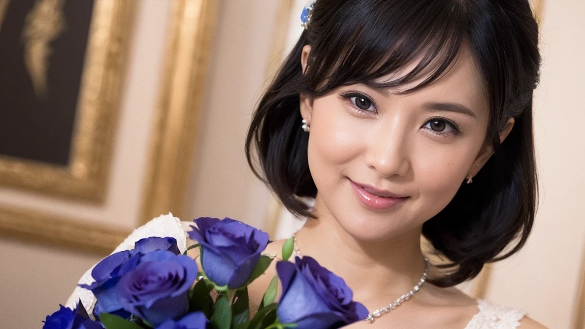 Medium Size Display, Medium Shot, Written boundary depth, bust, Upper Body, movie angle, masterpiece, highest quality, Very detailed, CG, 8k wallpaper, Beautiful Face, Delicate eyes, Otome, alone, smile, bangs, have,Royal Blue Dress, bow, petal, bouquet of roses