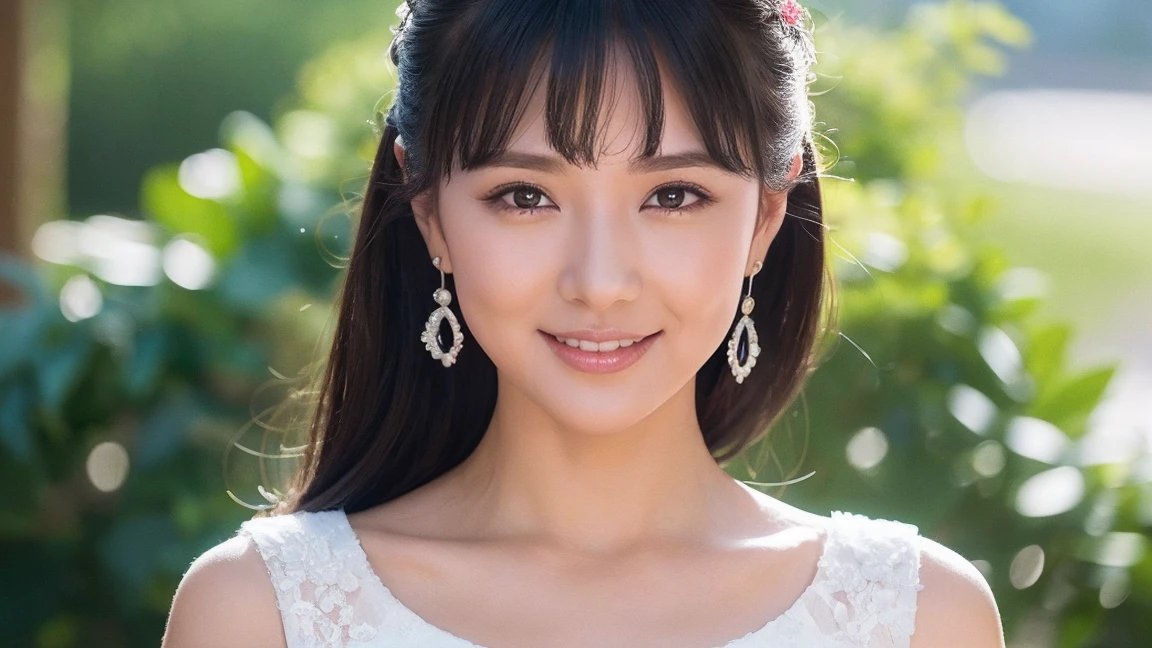 Medium Size Display, Medium Shot, Written boundary depth, bust, Upper Body, movie angle, masterpiece, highest quality, Very detailed, CG, 8k wallpaper, Beautiful Face, Delicate eyes, Otome, alone, smile, bangs, have,Royal Blue Dress, bow, petal, bouquet of roses