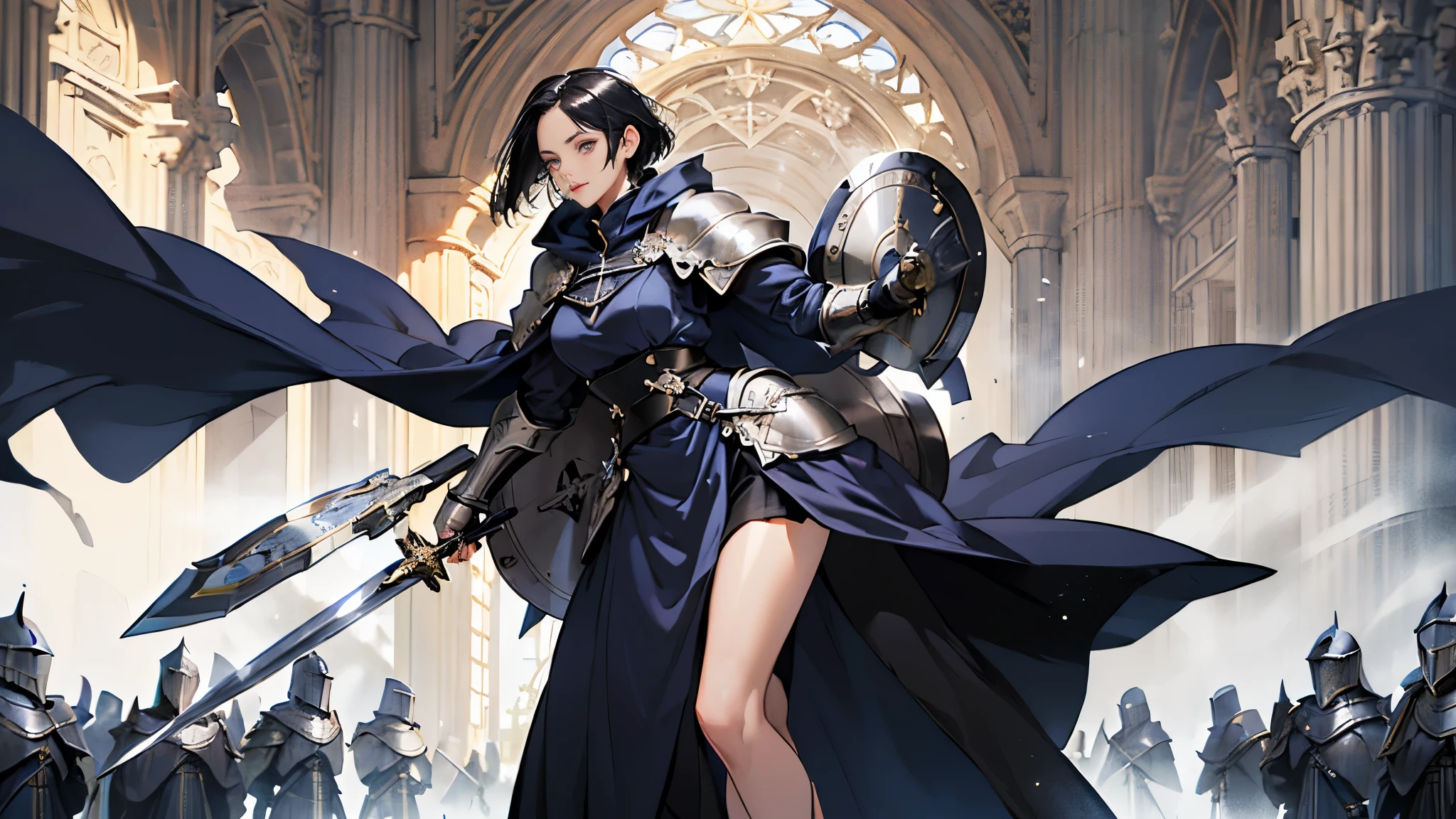 (((((middle age woman))))), masterpiece, ultra detailed, 8k portrait, RAW photo, portrait photography, highly detailed face, ((Fantasy)), 1 woman, (((female knight))), (((dynamic pose))), 33 years old, (((((tall))))), (((small eyes))), glasses, (((straight black bob hair))), ((hair over one eye)), (((white skin color))), (((white heavy armor and see-through medium skirt))), (((navy blue long cloak))) fluttering in the wind, (((high cut iron shoes))), (((equip a long sword and very large shield))), Midday Sun, hyper realistic, Body model, Small breasts, Beautiful breasts, (big butt), (thick thighs), Long legs, in the medieval adventurer's guild, Ambient lighting, Shadow details , Camera focus on face, strong breeze, Light fog,