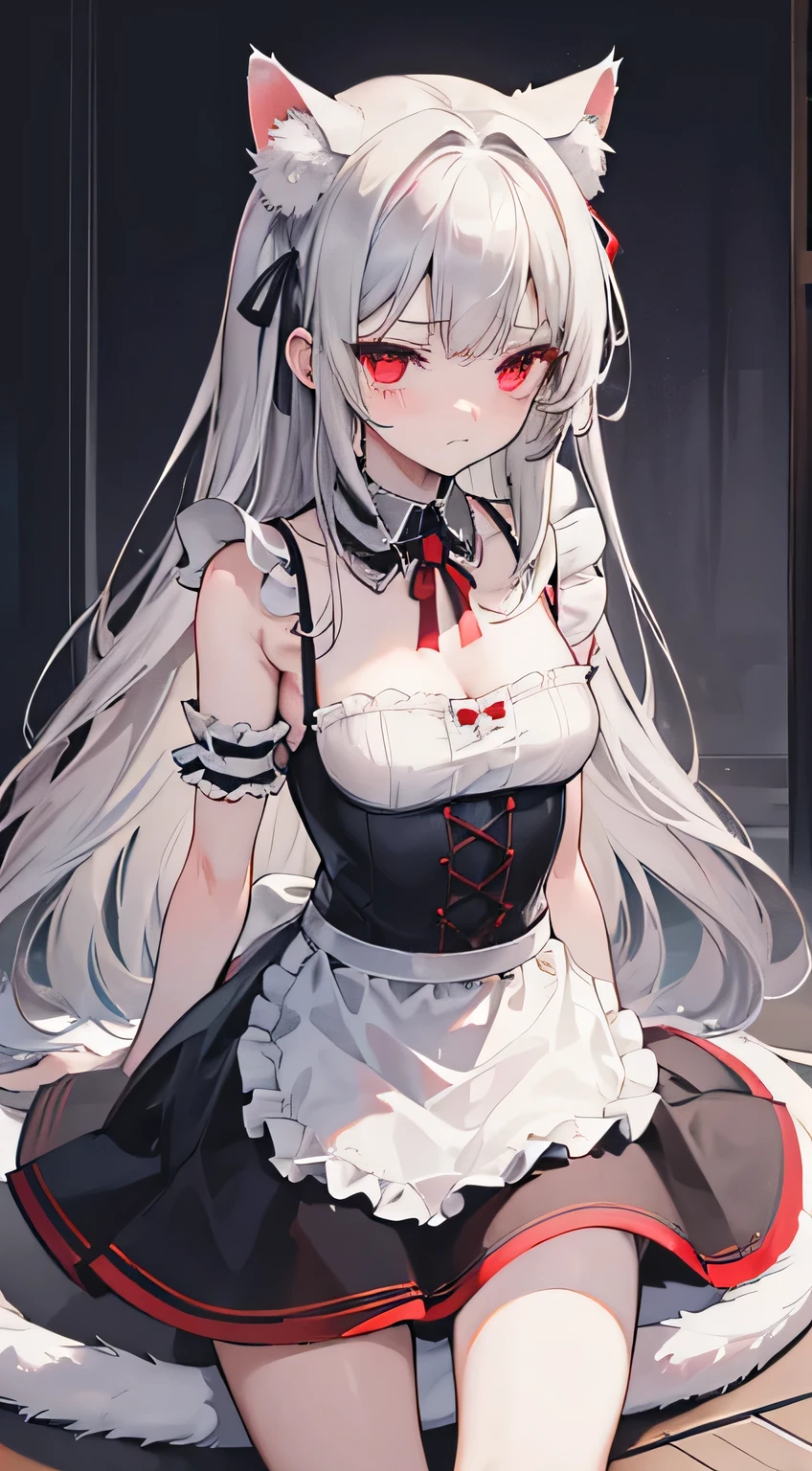 high quality, masterpiece, Very detailed,Long Hair, beautiful girl,Gray Hair,Red eyes,chest,Short skirt,Maid clothes,Wearing a collar around his neck,Cat ear,Shoulder Bare,Cat Pose,Embarrassed,Troubled face,torture,Bind the body with a rope
