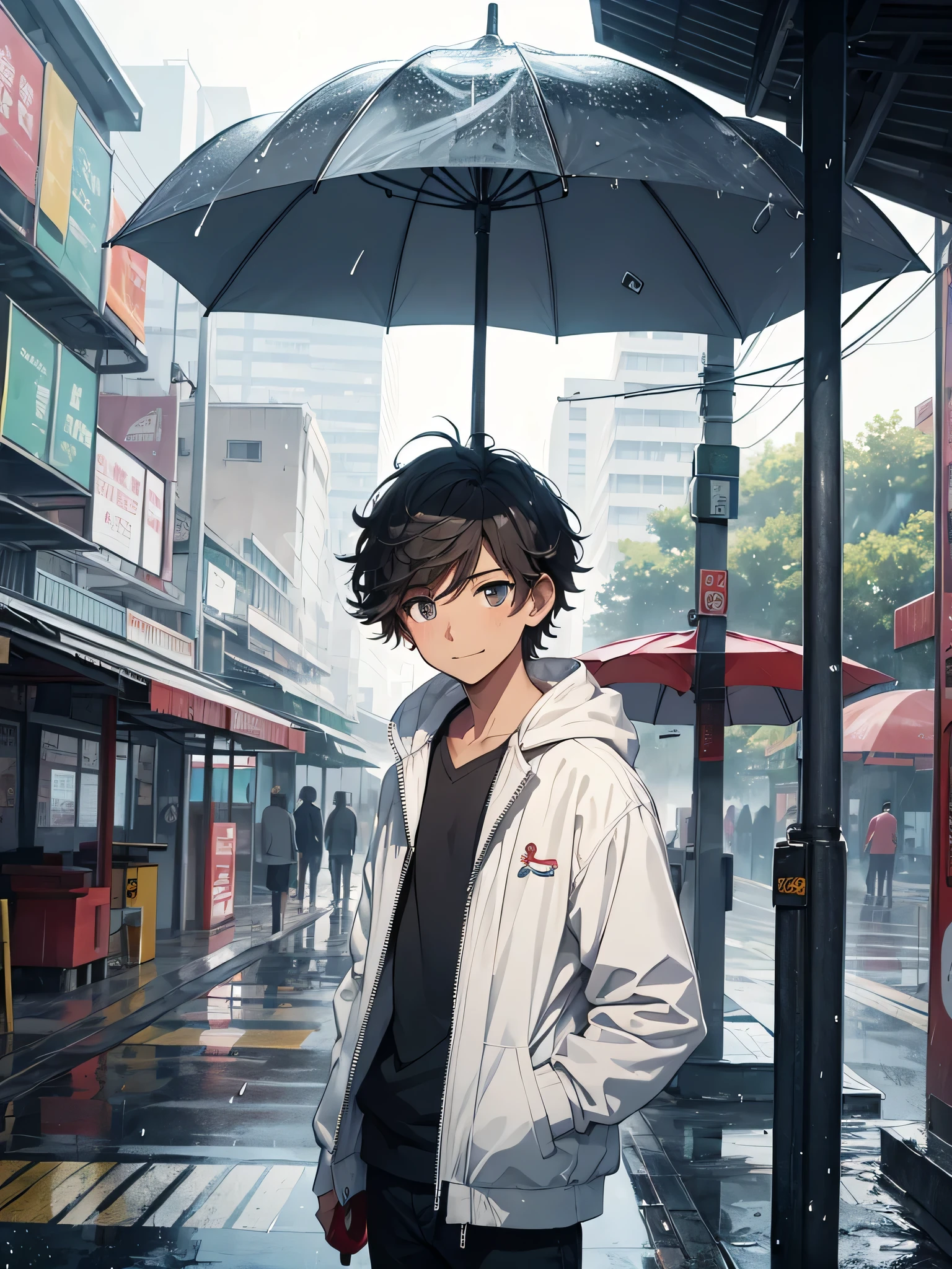 a boy standing under a bus stand , waiting , small rain drops , using umbrella , feeling ignorant , bored , watching the birds landed on ground , small kind smile , wearing a white jacket , messy hair style , perfect face , detailed eyes , looking down ,