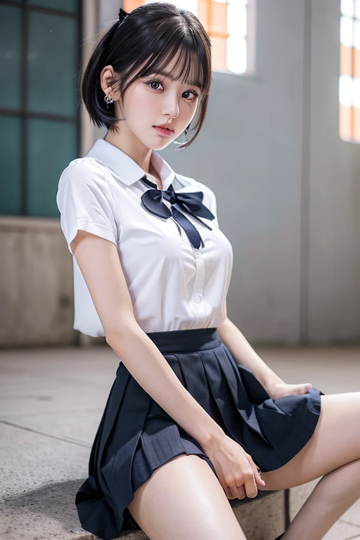 Super detailed、High resolution、Super beauty　highest quality、masterpiece、Navy High Soccer Mix Real、(Live shooting:1.2)、(realistic:1.4)、beauty in beautiful details　delicate expression、blonde、((I can see your pants))(Crouching panty shots)earrings、eyelash、sparkling eyes、glossy lips、detailed and beautiful eyes、huge file size、、(japanese girl&#39; high school uniform))、very detailed representation、small details、Highly detailed face movie lighting、18 year old girl、positive、((dynamic pose)))、(open stance))、(skirt from bottom to top:1.5), pleated skirt、blazer、sexy upper eyes, (spread your legs and show me your panties:1.5), (white panties:1.5), (black short hair:1.5), (Wet pants and see-through:1.0), (fit the body:1.5)
