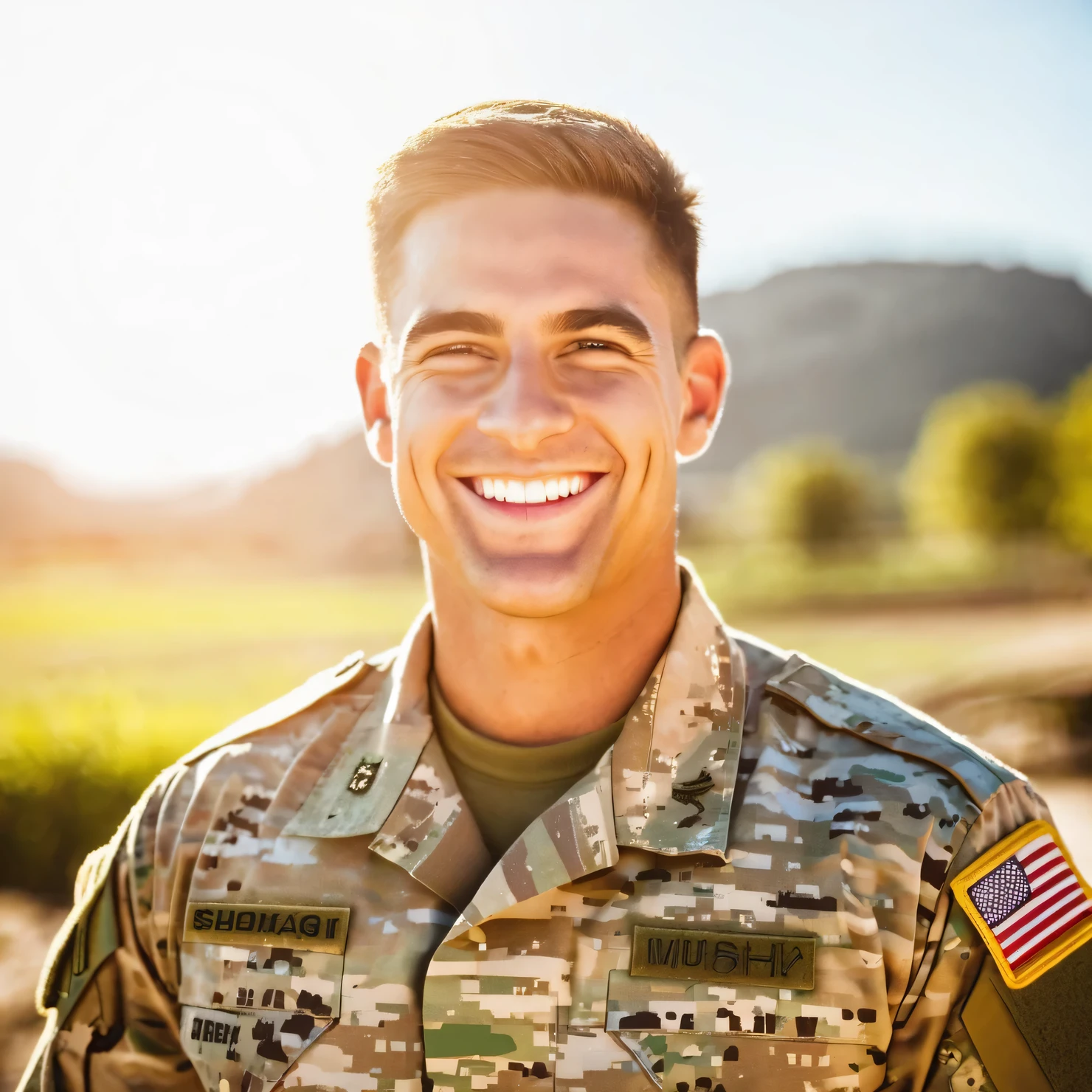 man, in the military, smiling, portrait view, sunny day
