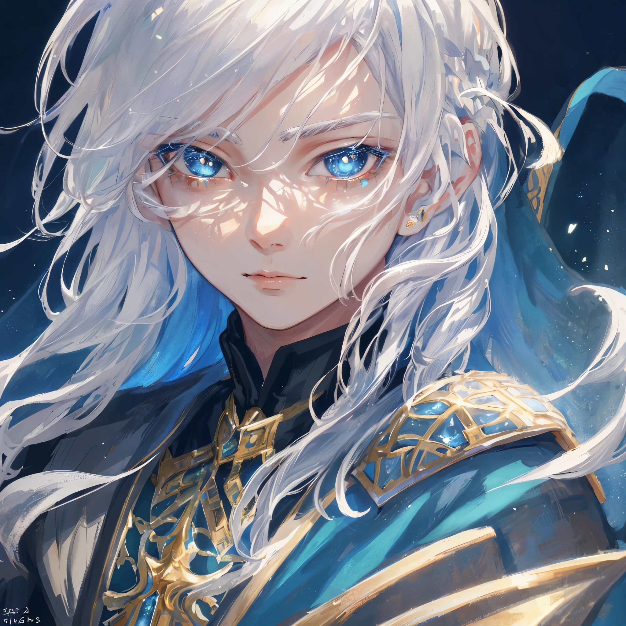 Close up, masterpiece, best quality, illustration, medieval clothes, adventurer clothes, white hair, 1boy, handsome, (dynamic lighting:1.2), cinematic lighting, delicate facial features, detailed blue sparkling eyes, sharp pupils, realistic pupils, depth of field, bokeh, sharp focus, (hyper-detailed, bloom, glow:1.4), many small gems, close up, highly detailed eyes