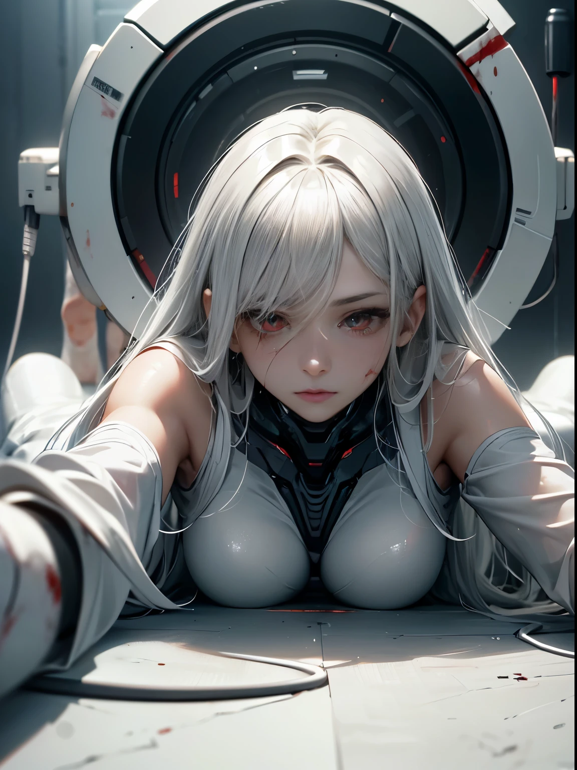 masterpiece, best quality, ultra-detailed, glistening shiny, glowing light, ray tracing, HDR, deph of field, (perfect face, detailed face, detailed eyes), 8k,HD,ultra realistic face, ray tracing, perfect lighting, best quality, ultra-detailed, High resolution, 1girl, Full body, Description Girls, detail hands, Detail fingers, Detail Face, cute face, detail legs, overdetailed art, Fine details, medium breasts, medium ass, 8k, masterpiece, lying on floor, ((white room)), ((machine)), (power cord), emotionless, white surgical gown, (sfw), white hair, long hair, red eyes, white skin, (((bloody))), blood bath