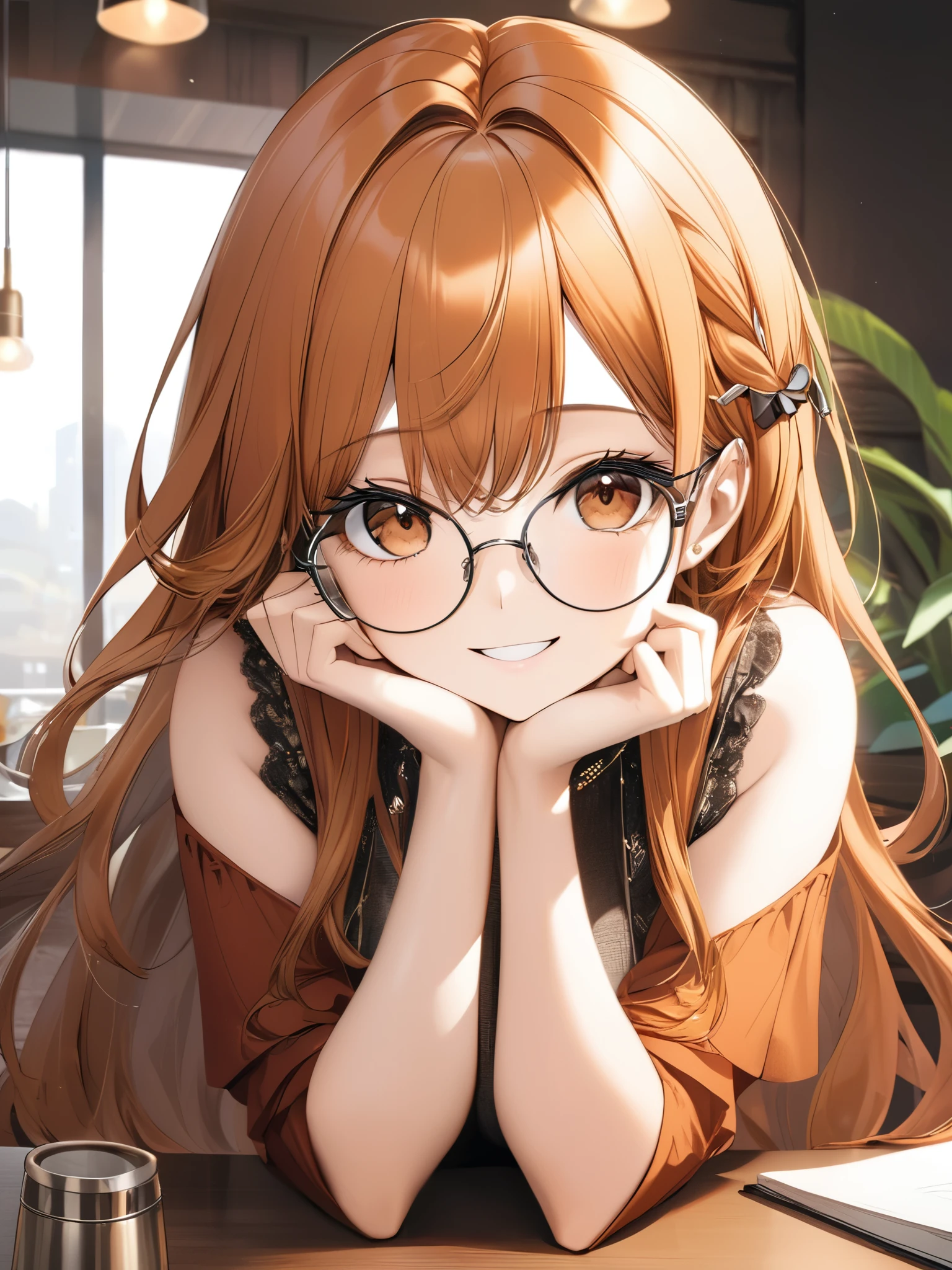 (masterpiece), (best quality),(ultra detailed),(extremely detailed),(absolutely resolution) ,absurdres,8k, cute and beautiful face, highly detailed face and eyes, 1girl, wearing silver-glasses, grin, hands up,elbows on table, (long hair, orange hair, brown-eyes:1.5), hairpin, big-breasts, (Intricate Iris Details,Depth and Dimension in the Pupils:1.0), 