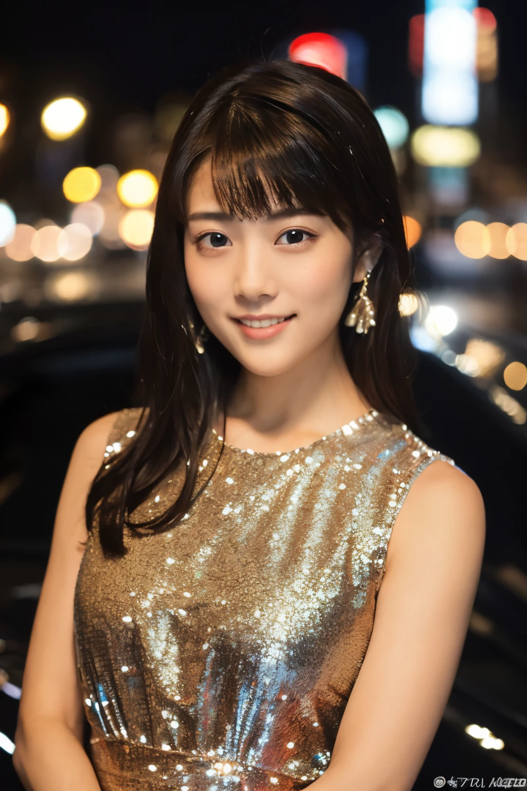 Skinny Japanese woman, age 30s, 1girl,(wearing a sleeveless glittery evening dress:1.2),(RAW photo, best quality), (realistic, photo-realistic:1.4), masterpiece, an extremely delicate and beautiful, extremely detailed, 2k wallpaper, Amazing, finely detail, ultra-detailed, highres, soft light, beautiful detailed girl, extremely detailed eyes and face, beautiful detailed nose, beautiful detailed eyes,cinematic lighting,city lights at night,perfect anatomy,smiling