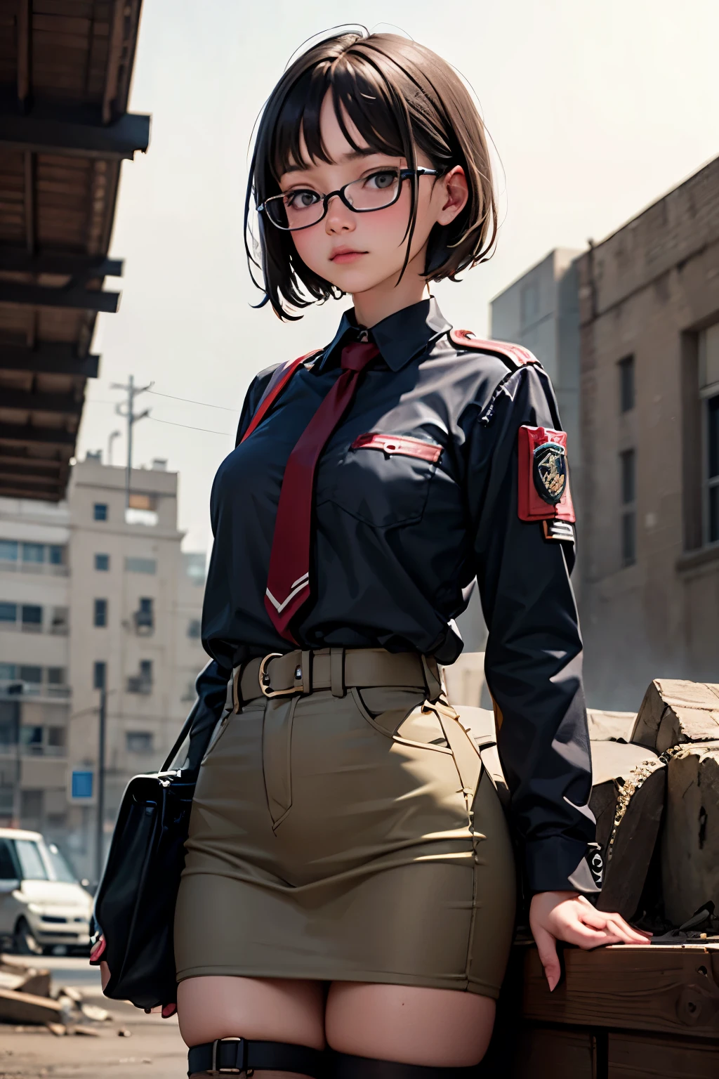 Wide angle, a pretty girl messenger, wearing large glasses, undercut hair, wearing postal uniform, in a post-apocalyptic world