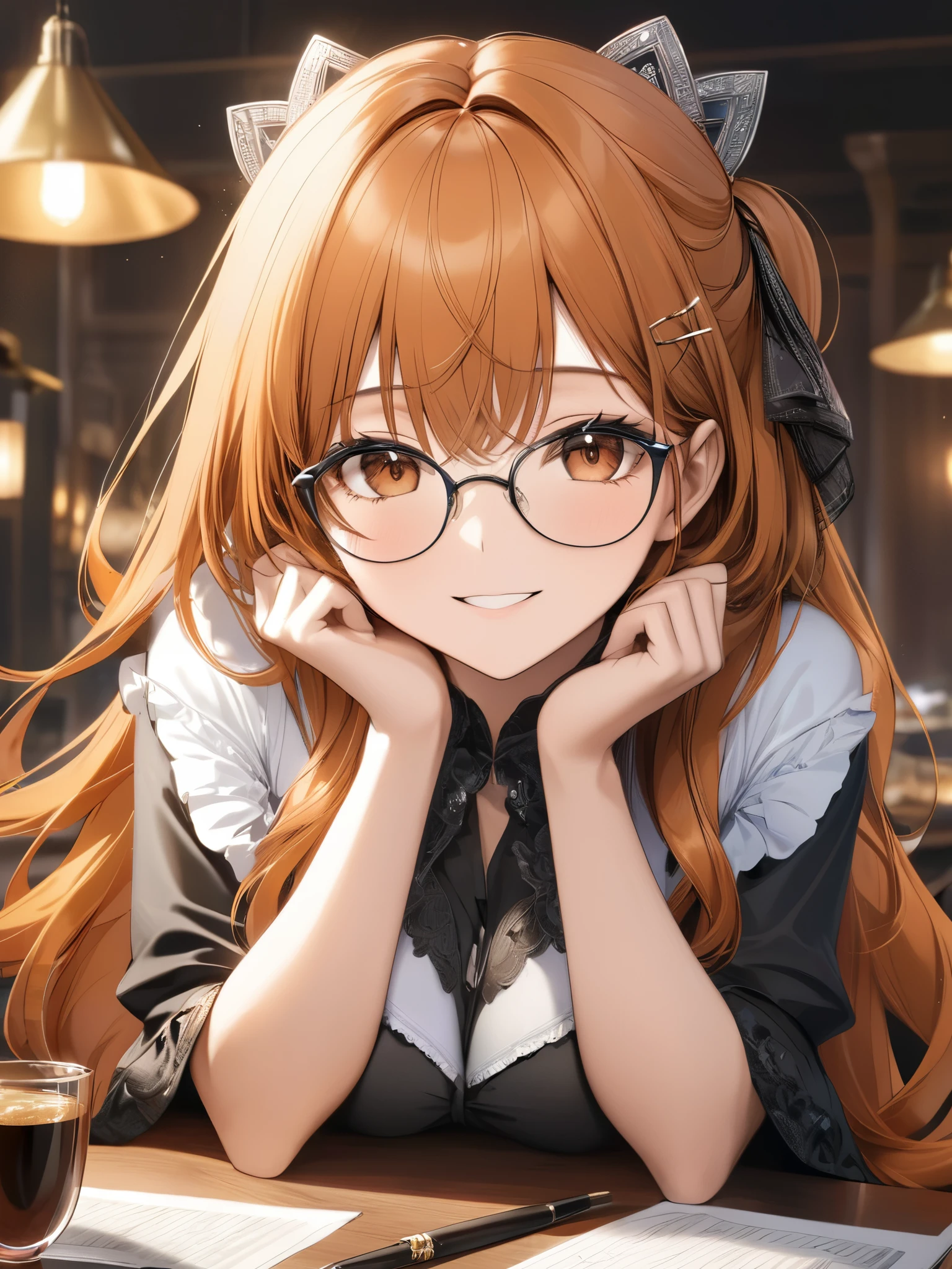 (masterpiece), (best quality),(ultra detailed),(extremely detailed),(absolutely resolution) ,absurdres,8k, cute and beautiful face, highly detailed face and eyes, 1girl, wearing silver-glasses, grin, hands up,elbows on table, (long hair, orange hair, brown-eyes:1.5), hairpin, big-breasts, (Intricate Iris Details,Depth and Dimension in the Pupils:1.0),