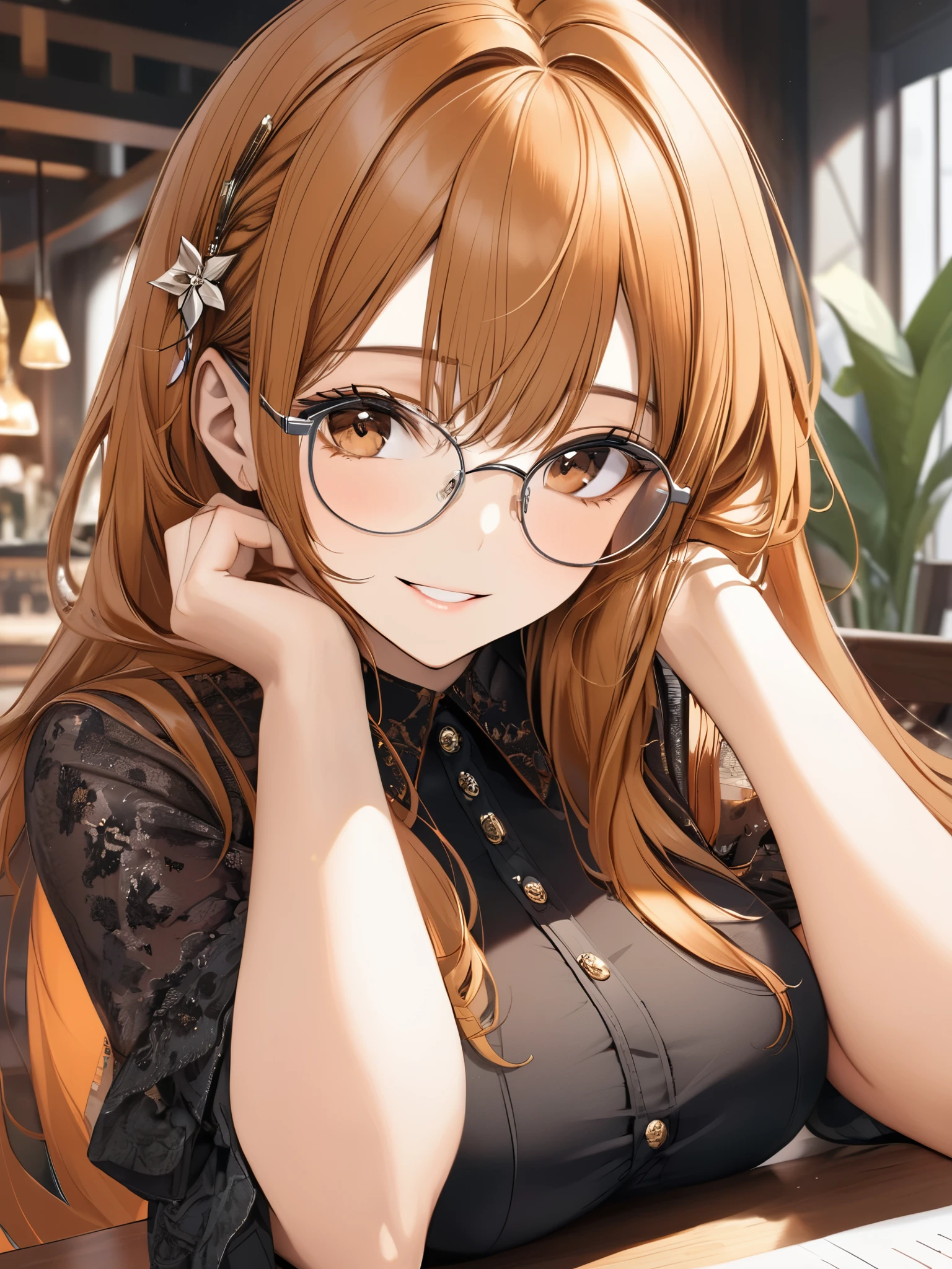 (masterpiece), (best quality),(ultra detailed),(extremely detailed),(absolutely resolution) ,absurdres,8k, cute and beautiful face, highly detailed face and eyes, 1girl, wearing silver-glasses, grin, hands up,elbows on table, (long hair, orange hair, brown-eyes:1.5), hairpin, big-breasts, (Intricate Iris Details,Depth and Dimension in the Pupils:1.0), 