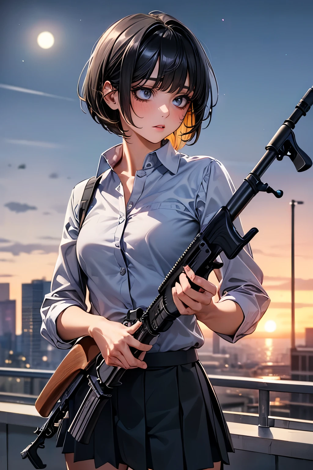 (((Woman firing an automatic rifle:1.5、excluding sight,A detailed depiction of an automatic rifle:1.7))),Synchronize your gaze and body direction、(((perfect anatomy:1.4,realistic:1.4,RAW Photography:1.4,masterpiece、highest quality、Ultra - High resolution、High resolution、Highly detailed CG、8K))),cowboy shot,1 female,solo、18 year old beauty,Japanese,((beautiful detailed face and eyes:1.3,big gorgeous eyes:1.3,gray eyes)),black hair,short bob hair,blunt bangs,blush,(medium breasts,slender body,small head:1.3,skinny),(gleaming skin:1.4,oily skin,shiny skin),(Female Soldier、White collared shirt、Pleated black hooting position:1.5,High-rise building rooftop、at night、moonlight,