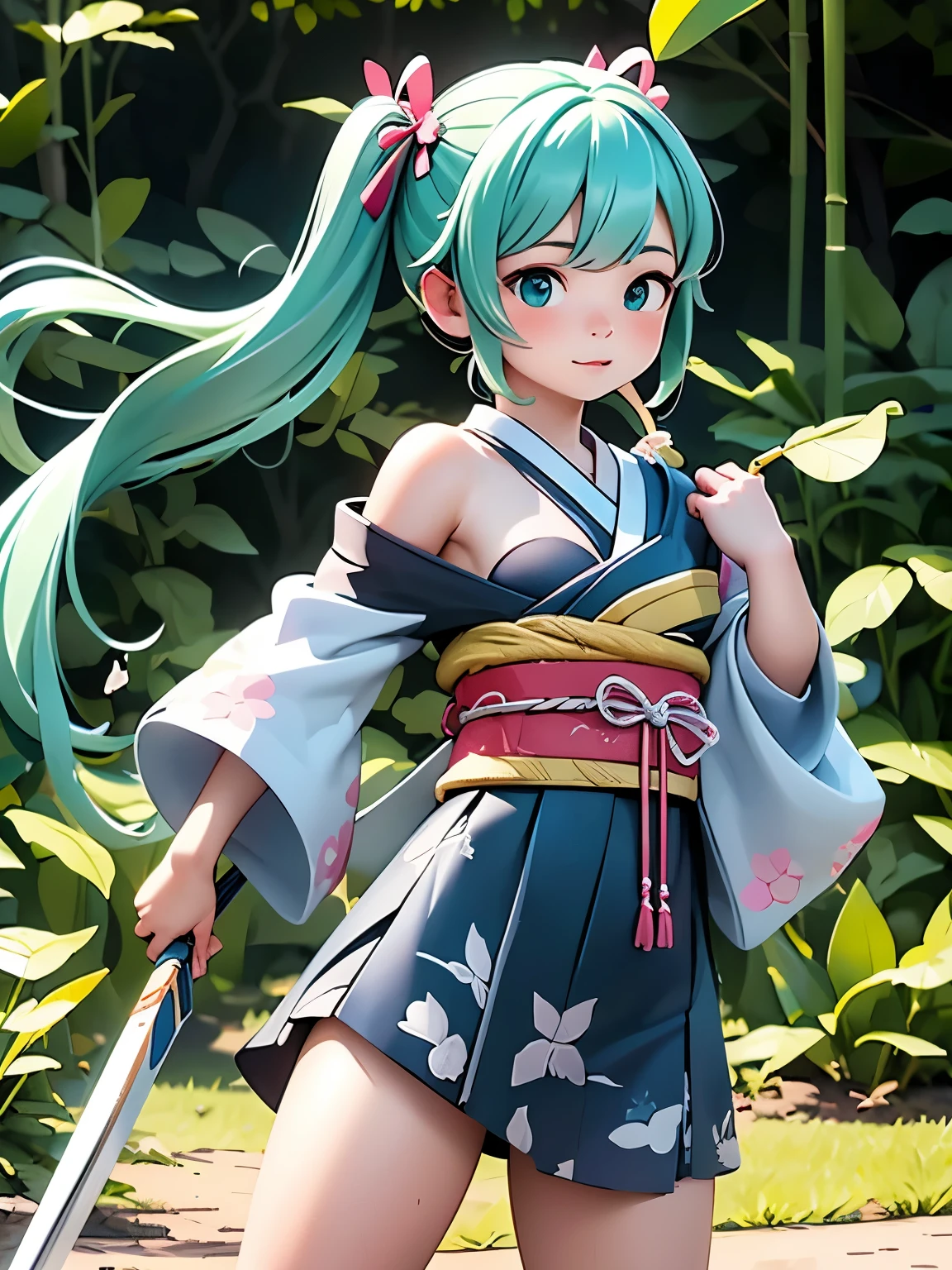 (masterpiece、最high quality、最high quality、Official Art、Beautiful and beautiful:1.2)、(One girl:1.3)Hatsune Miku、Twin tails,Big Breasts, ,One Female Samurai, Stance for battle, Pulling the sword out of the sheath in her hand, Ready for battle, wearing a samurai costume (kimono) (Bamboo forest wind), (The wind lifted the leaves), Cut her shoulder ( High skin detail: 1.2), 8K Ultra HD, Single-lens reflex camera, Soft lighting, high quality、Anime Style、Little