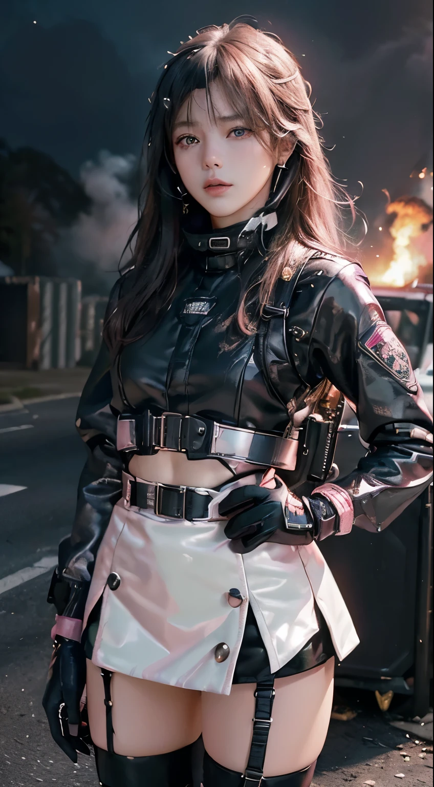 Lisa black pink,(Top Quality, Ultra High Definition, Photorealistic:1.4), (cowboy shot:1), 1 Beautiful Armed Girl, (Kpop Idol), Detailed Face, (Hair Style: long hair blonde:1, fullbang, shortbob-style:1), Contrapposto, Perfect Anatomy, ((wearing Futuristic Police Racing Suits, low-mini-skirt, police wappen, High-tech Headset, military harness, racing gloves, )), (Cloths colors based on silver pink black white), (background, crashed cars, fire, (Explosion)),