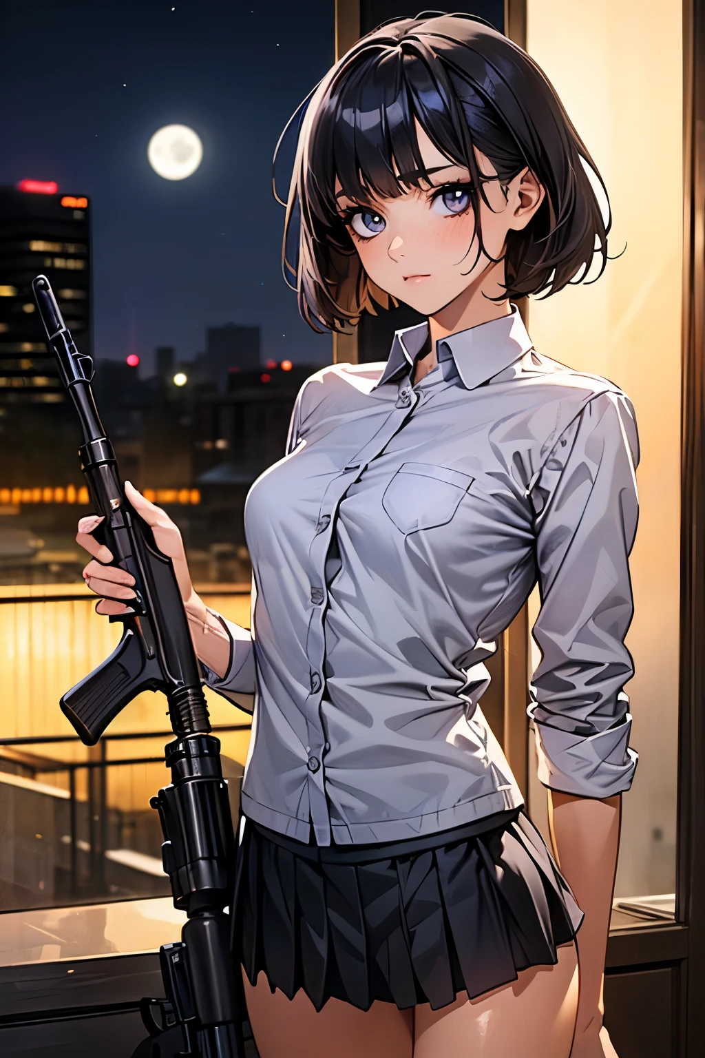 (((Woman firing an automatic rifle:1.5、excluding sight,A detailed depiction of an automatic rifle:1.7))),Synchronize your gaze and body direction、(((perfect anatomy:1.4,realistic:1.4,RAW Photography:1.4,masterpiece、highest quality、Ultra - High resolution、High resolution、Highly detailed CG、8K))),cowboy shot,1 female,solo、18 year old beauty,Japanese,((beautiful detailed face and eyes:1.3,big gorgeous eyes:1.3,gray eyes)),black hair,short bob hair,blunt bangs,blush,(medium breasts,slender body,small head:1.3,skinny),(gleaming skin:1.4,oily skin,shiny skin),(Female Soldier、White collared shirt、Pleated black hooting position:1.5,High-rise building rooftop、at night、moonlight,