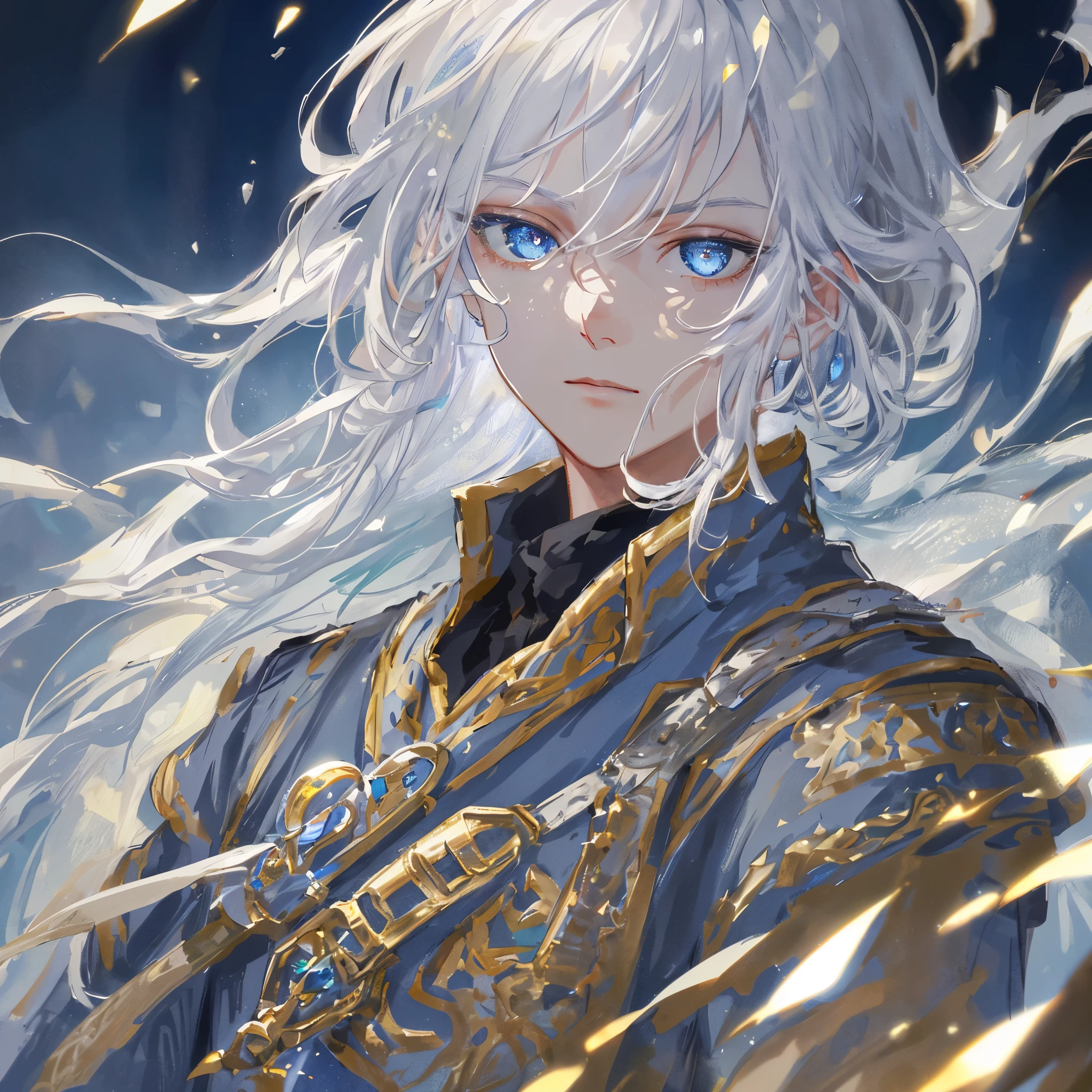 Close up, masterpiece, best quality, illustration, medieval clothes, adventurer clothes, white hair, 1boy, handsome, (dynamic lighting:1.2), cinematic lighting, delicate facial features, detailed blue sparkling eyes, sharp pupils, realistic pupils, depth of field, bokeh, sharp focus, (hyper-detailed, bloom, glow:1.4), many small gems, close up, highly detailed eyes