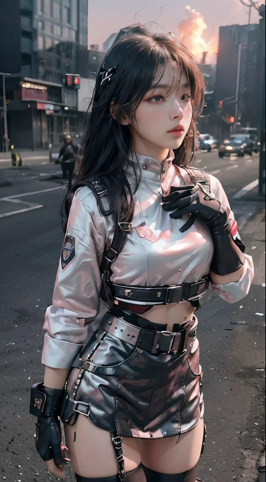 Lisa black pink,(Top Quality, Ultra High Definition, Photorealistic:1.4), (cowboy shot:1), 1 Beautiful Armed Girl, (Kpop Idol), Detailed Face, (Hair Style: long hair blonde:1, fullbang, shortbob-style:1), Contrapposto, Perfect Anatomy, ((wearing Futuristic Police Racing Suits, low-mini-skirt, police wappen, High-tech Headset, military harness, racing gloves, )), (Cloths colors based on silver pink black white), (background, crashed cars, fire, (Explosion)),