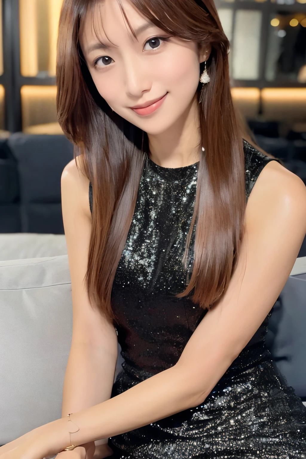 Skinny Japanese woman, age 30s, 1girl,(wearing a sleeveless glittery evening dress:1.2),(RAW photo, best quality), (realistic, photo-realistic:1.4), masterpiece, an extremely delicate and beautiful, extremely detailed, 2k wallpaper, Amazing, finely detail, ultra-detailed, highres, soft light, beautiful detailed girl, extremely detailed eyes and face, beautiful detailed nose, beautiful detailed eyes,cinematic lighting,city lights at night,perfect anatomy,smiling