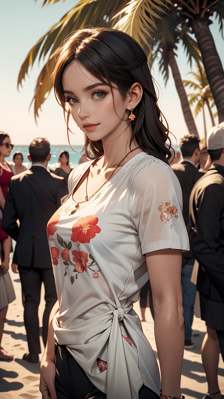 alone, whole body,Earrings, eyelash, pantyhose,, (Beach,(Palm tree),crowd,(A see-through white shirt), Floral print,Red lips),Sexy and provocative smile,, (Shiny skin:1.05),(blush:0.9),(Skin dents:1.15),Realistic, masterpiece, highest quality, High resolution,Absurd, (Perfect Face:1.1), (Sharp focus:1.1),, Trending on Artstation, Trending on CGSociety, Complex, Attention to detail, Sharp focus, dramatic,
