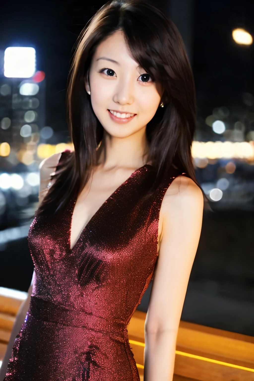 Skinny Japanese woman, age 30s, 1girl,(wearing a sleeveless glittery evening dress:1.2),(RAW photo, best quality), (realistic, photo-realistic:1.4), masterpiece, an extremely delicate and beautiful, extremely detailed, 2k wallpaper, Amazing, finely detail, ultra-detailed, highres, soft light, beautiful detailed girl, extremely detailed eyes and face, beautiful detailed nose, beautiful detailed eyes,cinematic lighting,city lights at night,perfect anatomy,smiling