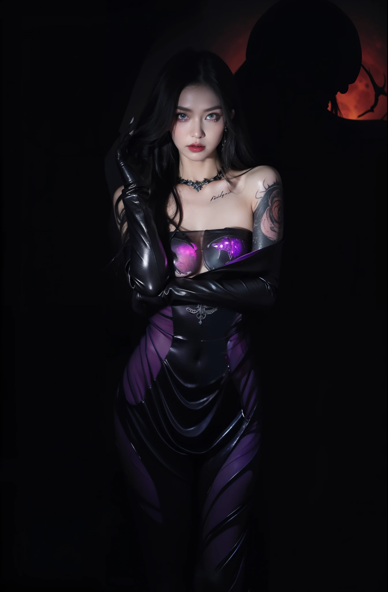 Detailed image quality,Pandora the Witch,wing, Succubus Theme,堕落Angel,Excellent,scary,Secret Terror,Tentacles,With eyes,Uncanny Valley Effect,Blood Moon,skeleton,vampire,Hellfire,Dark Queen,Angel,magician magic witch,16岁Angel,Eyes are blue(Pupils as deep as the starry sky),Gorgeous tattoo designs all over the body,tattoo queen,Gorgeous clothes(Rich in details),8K Ultra HD photos,哥特式vampire女王,Wearing lip studs,Black gloves(Five fingers stretched out)