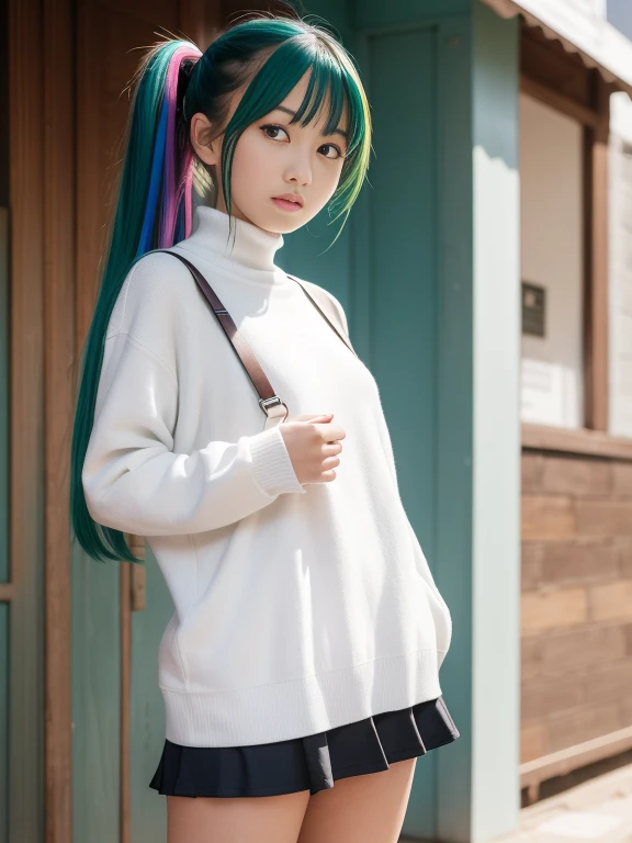 a 18 year old girl,masutepiece , Best Quality,Nahida(GenshinImpact) ,A large number of girls , tiny chest,Long hair ,Side Ponytail, Hair Ornament , White hair , Green hair , hand behind head:1.5,multicolored hair, elf , Multi-colored uniforms, Wearing a miniskirt ,Locker Room, Street,looking at the viewers