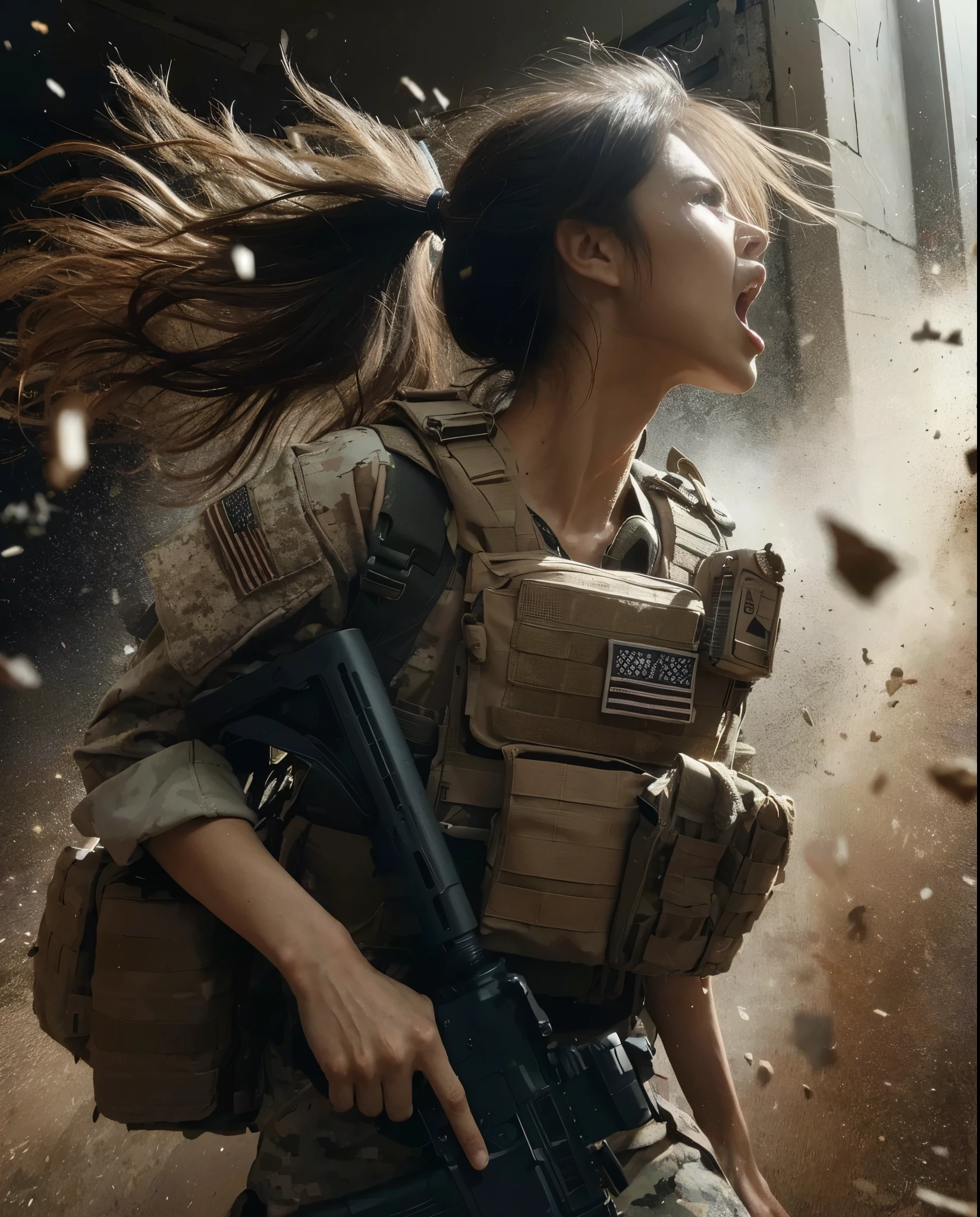 8K, realistic photo, realistic skin texture, Beautiful Japanese women in the US military、Outside the building、explosion、Close call、Walls bursting with debris、They are shouting to evacuate immediately.、Automatic rifle、Bulletproof vest、Back Back、boots、Covered in scars、Grim expression、Dynamic pose、Innovative composition、Dust is flying、fiction