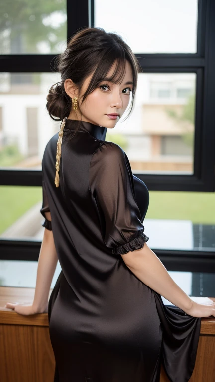 (A neat silk dress, thigh: 1.1), ((highest quality, 8k, Tabletop: 1.3, RAW Photos)), Sharp focus: 1.2, (1. AESPA Girl :1.1), (alone: 1.12), (Realistic, Realistic: 1.37), (Face Focus: 1.1), Cute face, Highly detailed face, (Black Hair, Upstyle :1.1), Big Breasts, nude, Are standing, classroom, flower, 梅のflower