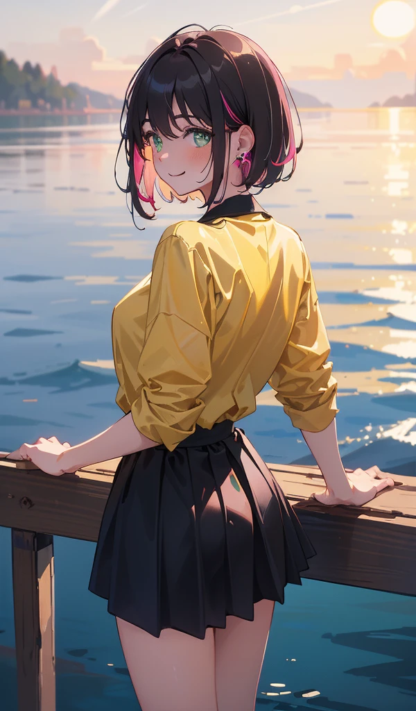 (8K), (Masterpiece), ((Show the whole body)), ((One mature woman, alone)), ((Bob Short Hair:2.0, Yellow shirt:2.0, Black Mini Skirt 2.0)), Neat clothes, Beautiful detailed hair, Brown brunette hair, Rounded chin, Beautifully detailed face, Perfect beautiful face, View your viewers, Smile, Mouth closed, Comfortable face, (Perfect beautiful eyes, Green Eyes), modern clothing, Quiet sea at dusk, ((The back hair inner color is pink)), ((Yellow earring in left ear))