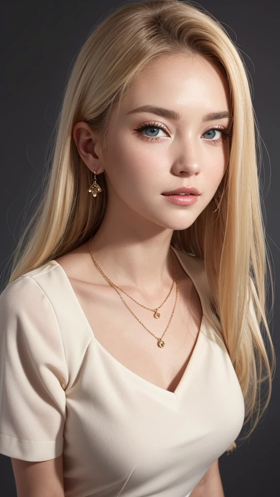 realistic photo of a beautiful blond girl wearing a very fine and delicate gold chain necklace with fine cross pendant