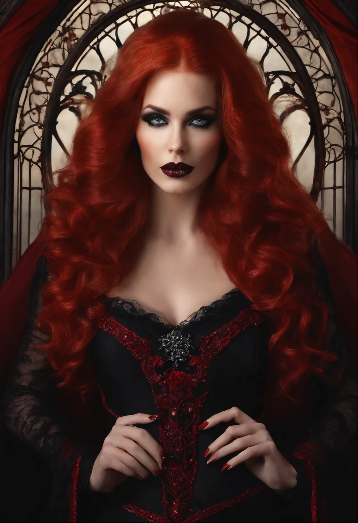 The witch, Gerzo,Fluffy long brown curls,Red gold-rimmed exotic dress