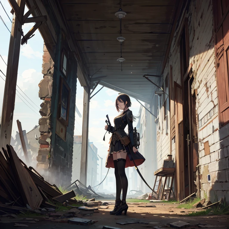 Masterpiece, high quality, steampunk AI, ruined buildings,A beautiful armed girl standing alone,