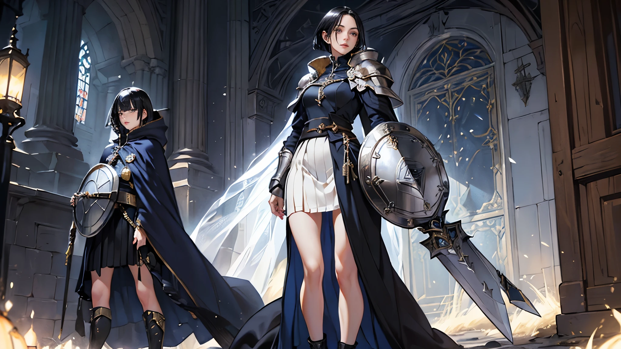 (((((middle woman))))), masterpiece, ultra detailed, 8k portrait, RAW photo, portrait photography, highly detailed face, ((Fantasy)), 1 woman, (((female knight))), (((dynamic pose))), 33 years old, (((((tall))))), (((small eyes))), glasses, (((straight black bob hair))), ((hair over one eye)), (((white skin color))), (((white heavy armor and see-through medium skirt))), (((navy blue long cloak))) fluttering in the wind, (((high cut iron shoes))), (((equip a long sword and very large shield))), Midday Sun, hyper realistic, Body model, Small breasts, Beautiful breasts, (big butt), (thick thighs), Long legs, in the medieval adventurer's guild, Ambient lighting, Shadow details , Camera focus on face, strong breeze, Light fog,