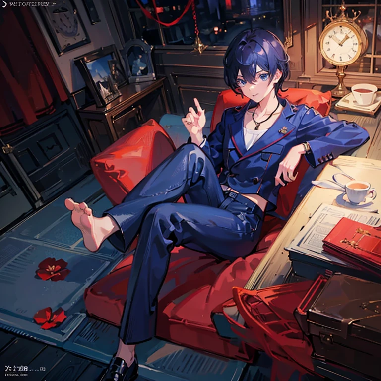 One boy, holding a red poppy flower, bangs, Berry, Blue Hair, navy blue jacket, navy blue セーター,blue eyes, Hair between the eyes,grassland, jewelry,gray sofa, View your viewers, Men's Center, necklace, pants, shirt, alone, clock, gray pants, wristclock, Messy Hair, Trending on Artstation, 8k resolution, Very detailed, Anatomically correct, Clear images, Digital Painting, Concept Art, Topics on pixiv, Makoto Shinkai's Style,