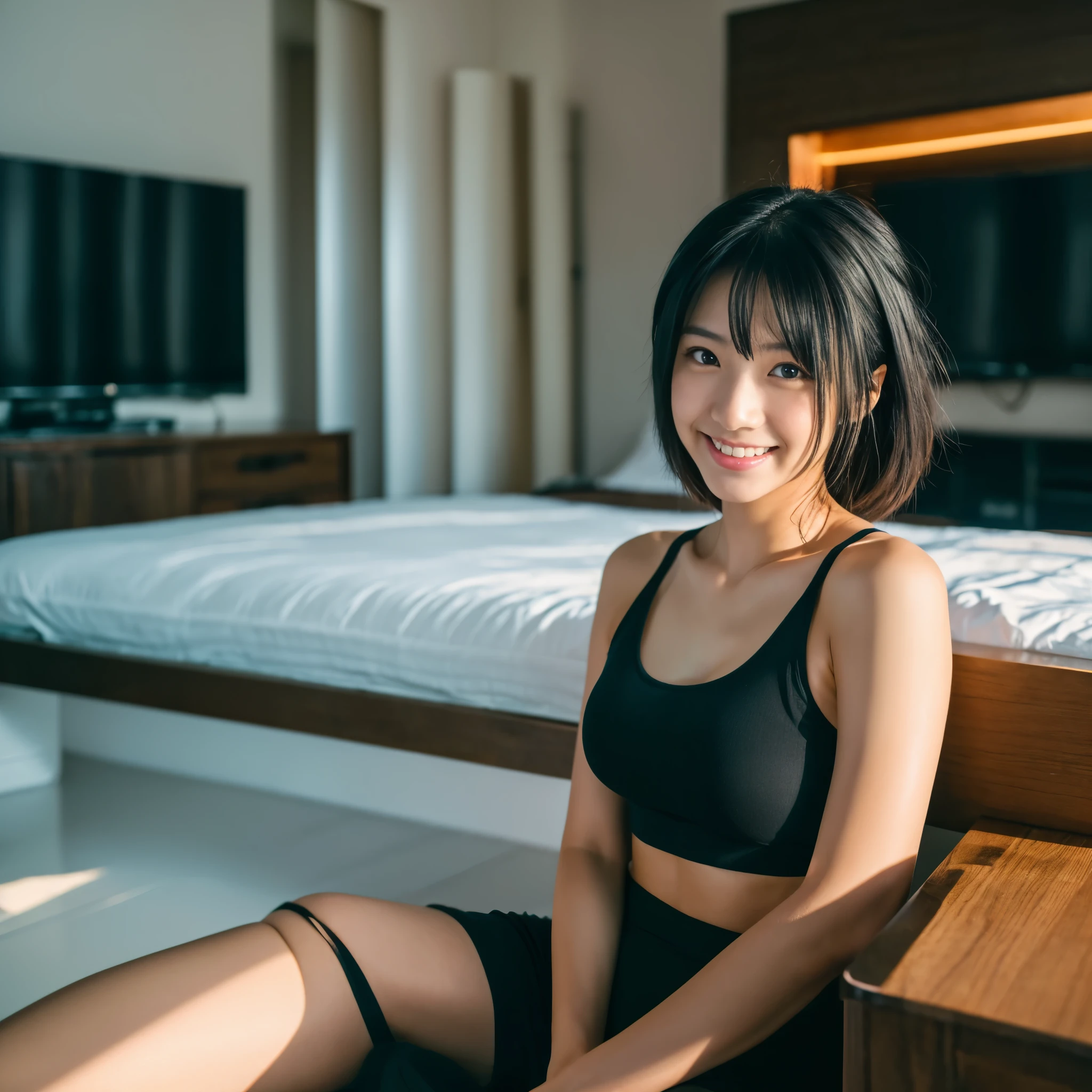 16-year-old girl, highest quality, masterpiece, girl, Black Hair, 黒のショートパンツhighest quality, masterpiece, (8k, RAW Photos, highest quality, masterpiece: 1.2), Super detailed, Super Resolution, (Genuine, Genuine photos: 1.37), Plain black tank top, Photorealistic beauty, Japanese women, smile, nice, 8K wallpapers incorporating detailed CG, High-resolution RAW color photos, Professional photos, Light, BackLight, dream-like, impressive, Written boundary depth,