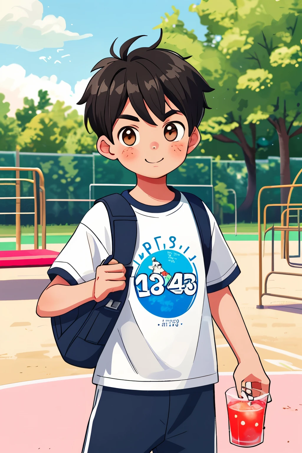 A boy exuding youthful charm after exercising on the playground，Drinking a drink，wearing clothes，The clothes are printed with ha