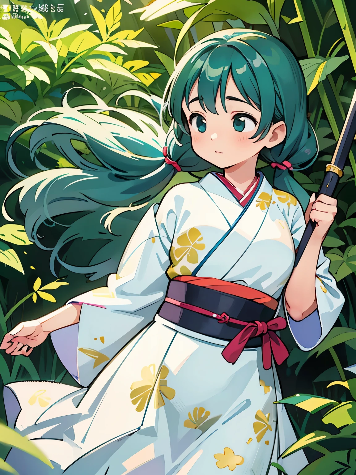 (masterpiece、最high quality、最high quality、Official Art、Beautiful and beautiful:1.2)、(One girl:1.3)Hatsune Miku、Twin tails,Big Breasts, ,One Female Samurai, Stance for battle, Pulling the sword out of the sheath in her hand, Ready for battle, wearing a samurai costume (kimono) (Bamboo forest wind), (The wind lifted the leaves), Cut her shoulder ( High skin detail: 1.2), 8K Ultra HD, Single-lens reflex camera, Soft lighting, high quality、Anime Style、Little