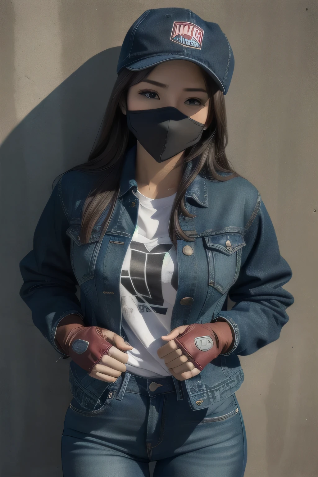 Beautiful woman, covered from head to toe in clothing, cap, t shirt, jacket, jeans, boots, gloves, mask, close up shot, expressive eyes, wall background, cornered