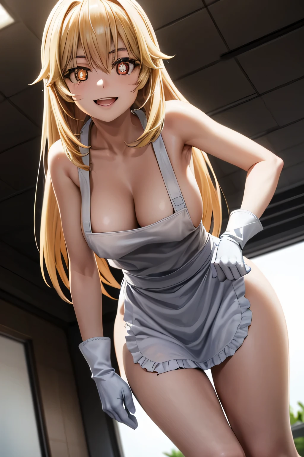 misaki shokuhou, blonde hair, hair between eyes, long hair, (symbol-shaped pupils:1.5), yellow eyes, white gloves, 1girl,18yo,good anatomy, masterpiece, best quality,realistic, hyperrealistic, 16k hdr, indoors, (naked white nike apron:1.2),standing,(happy smile),large breasts,cleavage,leaning forward,from below