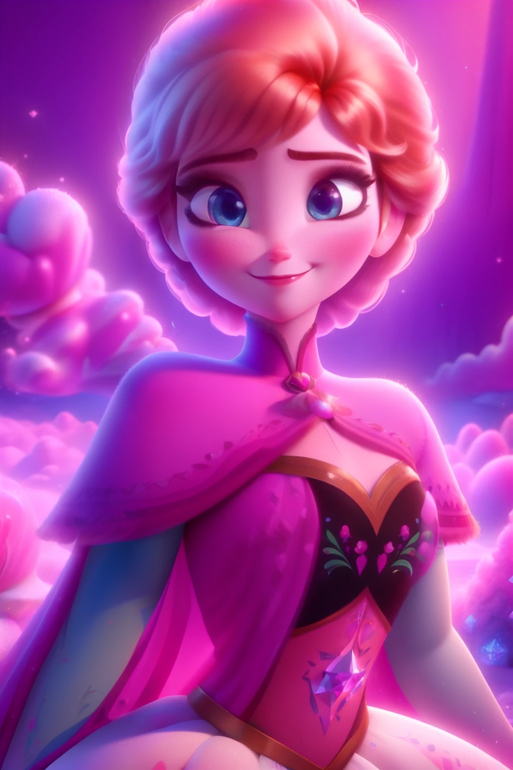 pnkdamond, pink hair, pink eyes,  big hair,  stomach gem,  pink skin,  toned, 
puffy short sleeves, elbow gloves ,  white thighhighs,   puffy dress, 
standing, upper body, 
 outerspace,  
(insanely detailed, beautiful detailed face,beautiful detailed eyes, masterpiece, best quality) cinematic lighting,  smile, 
 