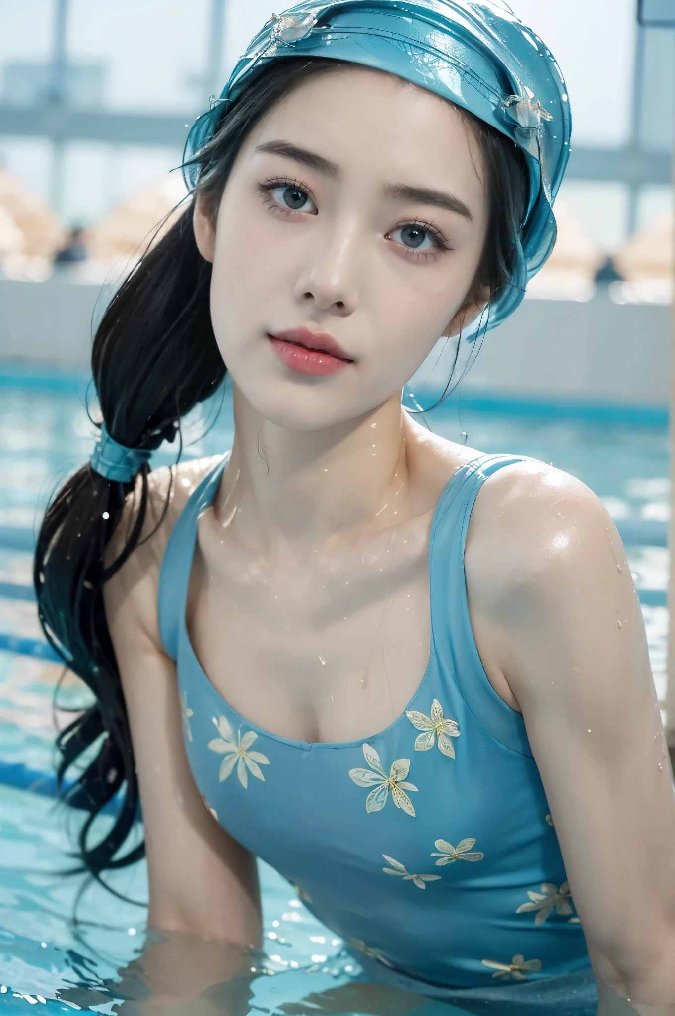 (Extremely meticulous CG),(((8k))),wallpaper,((Extremely refined and beautiful)),(((Masterpiece))),(((best qualtiy))),(((Ultra High Resolution))),beautiful light up,realistic shaded,(Smooth and flawless fair skin:1.5),(Extremely exquisite facial details:1.3),(ultra-detailed:1.5),((a beautiful girl,solo)),(swimming cap on head:1.5),(small head:1.2),(slender face:1.2),(Exquisite makeup:1.3),(wet:1.5),(sweat:1.5),(happy:1.2),(laughing:1.2),(perfect body:1.1),(pale skin:1.3),(shiny skin:1.5),((slim,thin)),(small breasts:1.2),(flat chests:1.2),(blue floral one-piece swimsuit:1.5),(standing in the water:1.3),(the lower body below the chest is in water:1.3),(At the swimming pool:1.3),(In the swimming pool:1.3),(clear water:1.3),(indoor:1.2),(Cyberpunk style:1.3),(detailed background:1.5),(close-up of face:1.3),(from front:1.3),(surrounded by crowded crowds:1.5)