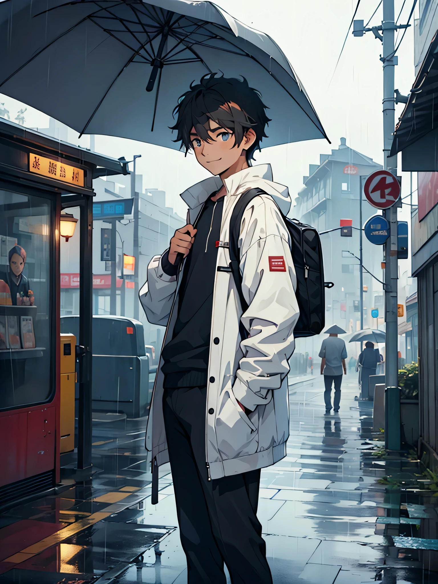 a boy standing at a bus stand , waiting , small rain drops , holding umbrella , watching the birds , small kind smile , wearing a white jacket , messy hair style , perfect face , detailed eyes , looking down