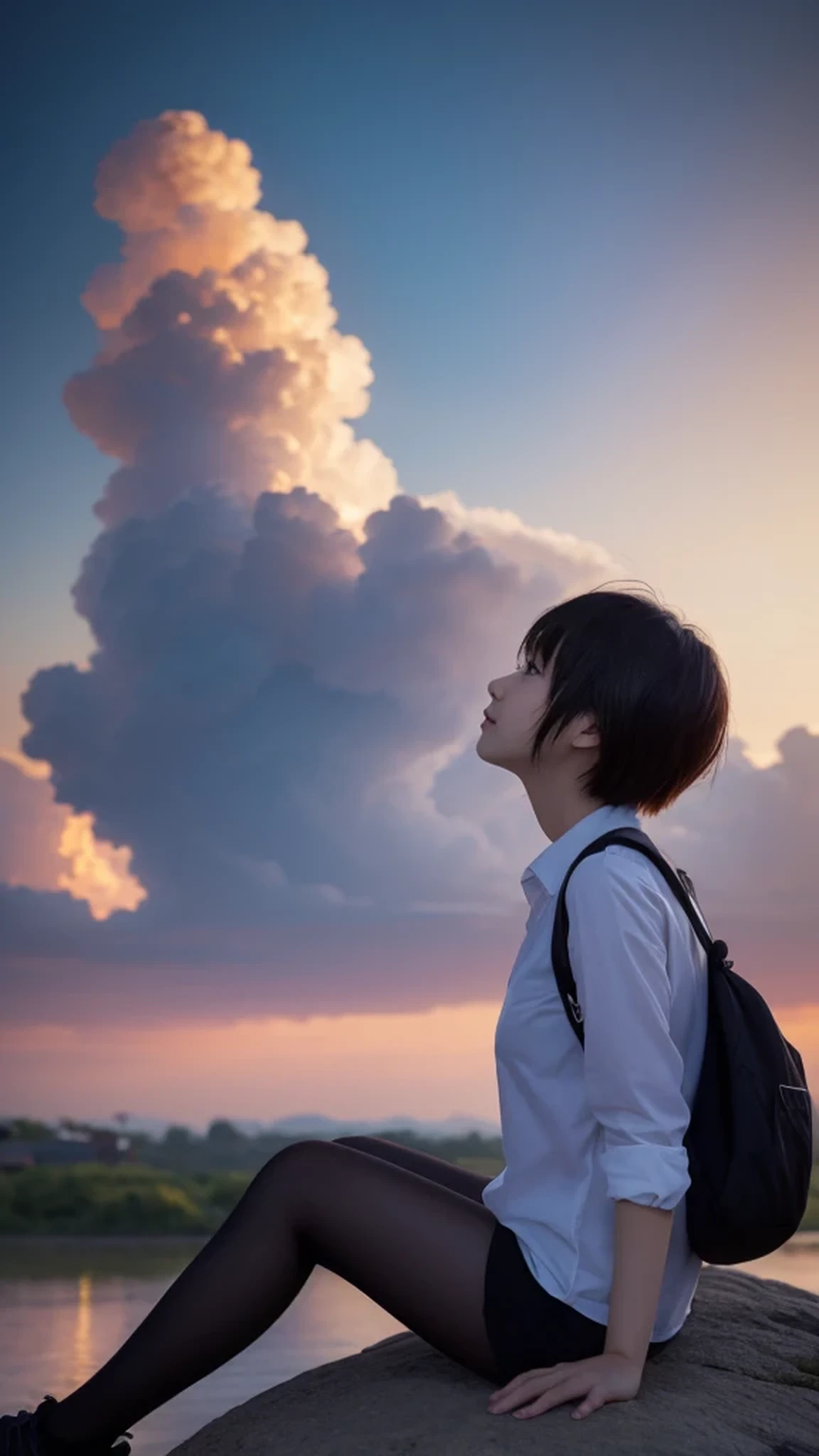 Anime girl sitting on a rock looking at the sky,A tower piercing the sky in the distance, makoto shinkai cyril rolando, anime art wallpaper 4k, anime art wallpaper 4k, Cyril Rolland and Goro Fujita, anime art wallpaper 8k, 4k anime wallpaper, anime wallpaper 4k, anime wallpaper 4k, ( ( makoto shinkai ) ), makoto shinkai!