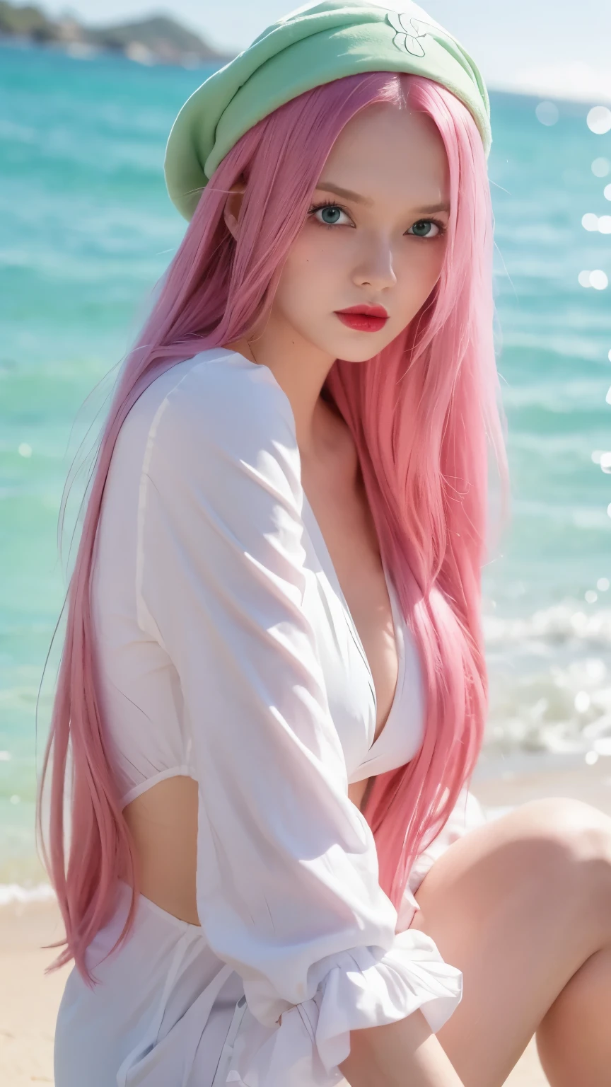 1girl, bonney in anime one piece, long hair, pink hair, green eyes, beautifull, white clothes, sea background, ultra detail, realistic, red lips
