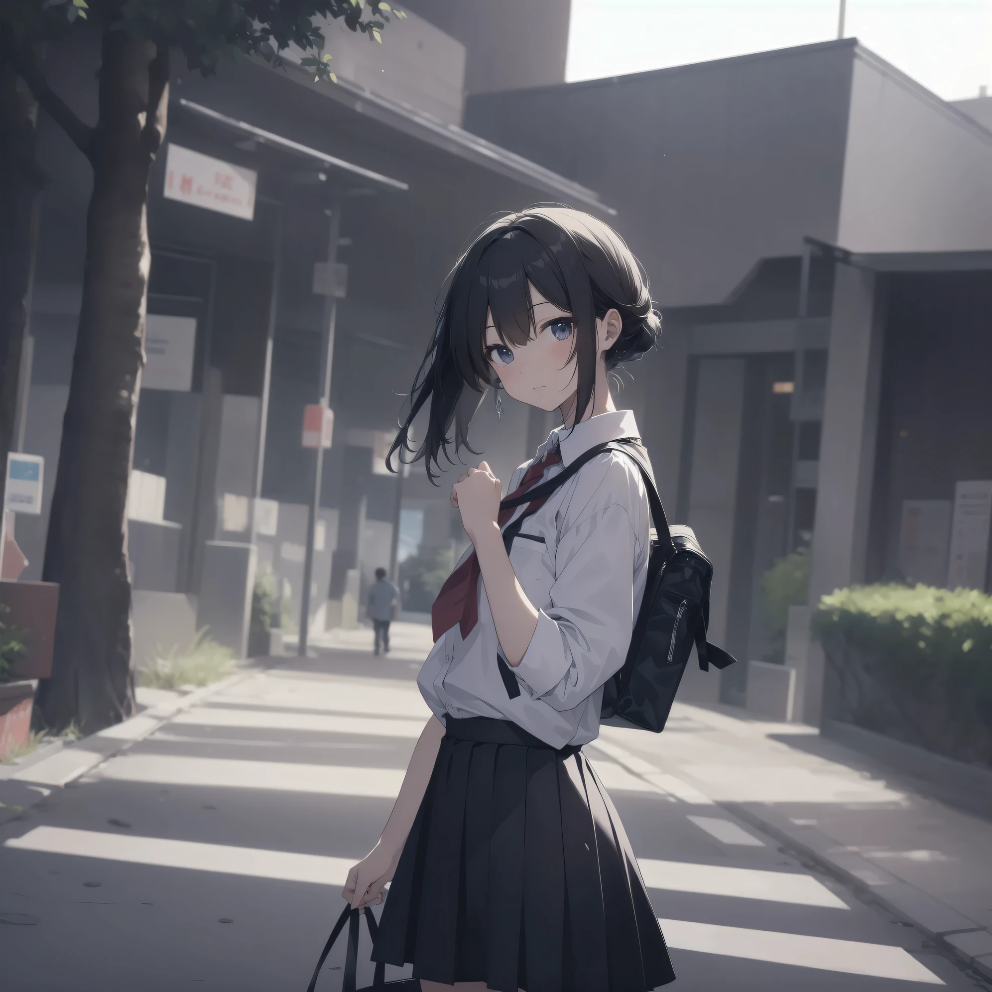 ultra-absurdres-Top quality by artist God, ultra-detailed, high resolution, anime moe artstyle, best anime 8k konachan wallpaper, pixiv contest winner,pool:2810, perfect anatomy,break, 1girl, (Please draw a girl walking sleepily to school alone. )break,(Solo,little female, 13-year-old:1.3),Full limbs, complete fingers,a junior high school student, (very short hair), short cut, flat chest, , small butt, small black eyes, beautiful detailed eyes, well-proportioned iris and pupils, expressive eyes, highres detailed hair, soft expression, school_uniform, official_alternate_costume, neckerchief, collared shirt. pleated skirt,(Detailed Lighting), (Detailed background), in the School commute route. break,super detailed skin, Best cinematic lighting powered by famous artist, 8k,beauty illustration,photoshop_(medium),very aesthetic,break,((artist:hara_(harayutaka) )), artist:bolze ,artist:oyari_ashito ,artist:kantoku ,
