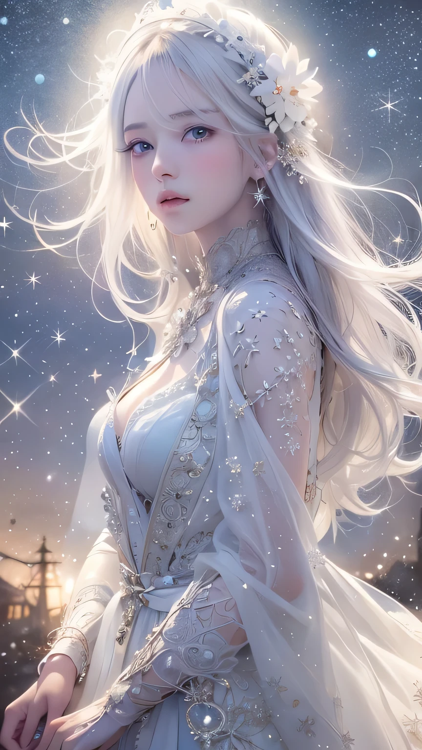 (Starry sky with the moon、Beautiful night sky:1.2)， （（masterpiece））， （detailed：1.4）、（heavyfall, snowfall in background），（From the knee up）、Realistic、 beautiful woman images，High resolution（High Dynamic Range），Ray Tracing，NVIDIA，Super Resolution，PBR Textures，Post-processing，Anisotropic Filtering，Maximum depth of field resolution and crisp layered textures，Albedo and Specular Maps，Surface Shading，Accurate simulation of material interactions，Perfect balance，Rendering with Octane，2-color light，Large Diameter，Low ISO，White balance，Rule 3 points、8K raw data、Backlight、dancing woman、Beautiful white and shining skin、White hair that changes with the light、Long bangs obstruct the view、Highlights of cheek luster、Sexy and very beautiful and lovely face、The most beautiful face in the world、Super long and gorgeous white hair、Smooth straight hair、White hair blowing in the wind、big, Sparkling light blue eyes、Beautiful Bangs、Beautiful cute girl 25 years old、Great cleavage,Dynamic pose、ice-flurry, snow
