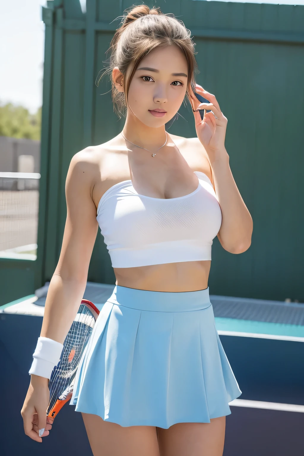 TOP quality, (realistic:1.2),(1girls:1.2),18yo, tennis wear, (sexy:1.0) ,(mini skirt:1.4),(huge breasts),(no sleeve), (strapless)