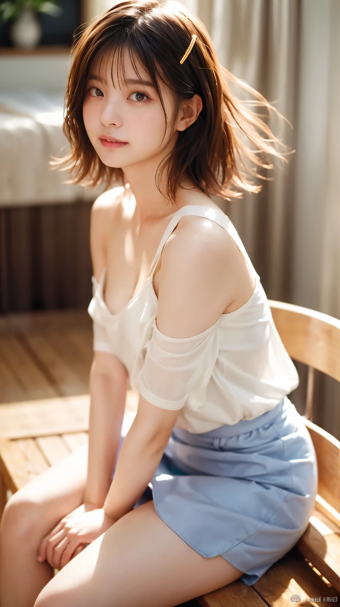 8k,highest quality、Man sitting、 white girl riding a man、Background Blur、super high quality、sunlight、Exposing the upper chest、Exposing shoulders、Fair-skinned beautiful girl、disheveled bob hair、Small breasts、Fleeting Expression、Clear contours、Adult atmosphere、high resolution skin、Fair and beautiful thighs、Small Ass、Her skirt is lifted up, Exposing bare legs.、Well-proportioned face、