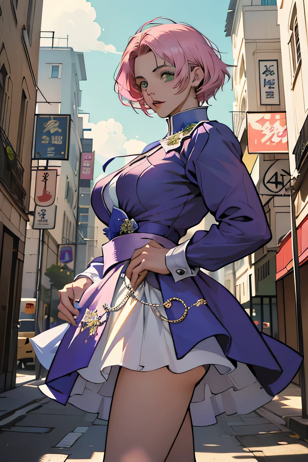 desenho de linha, (parte mestre, melhor qualidade) Alisa Rosto bonito, Olhos verdes detalhados , roupas elegantes e detalhadas , swollen lips ,Flower accessories for short hair pink, (melhores detalhes) ( melhor qualidade) espetacular, dramatic scenery, tekken , anime digital illustration, estilo anime 4K, por Yang J, arte digital de anime detalhada, arte digital estilo anime, a beautiful art illustration, anime digital illustration, arte digital de anime, 8k arte detalhada de alta qualidade